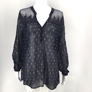 SOFT SURROUNDINGS Top S Beaded Sheer Navy Blue